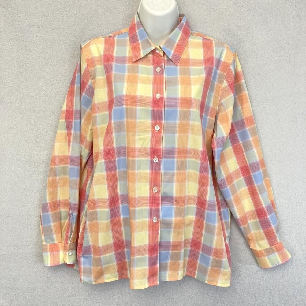 Vintage 90s Foxcroft Button Up Shirt Womens 12P Plaid Pastel Long Sleeve Summer